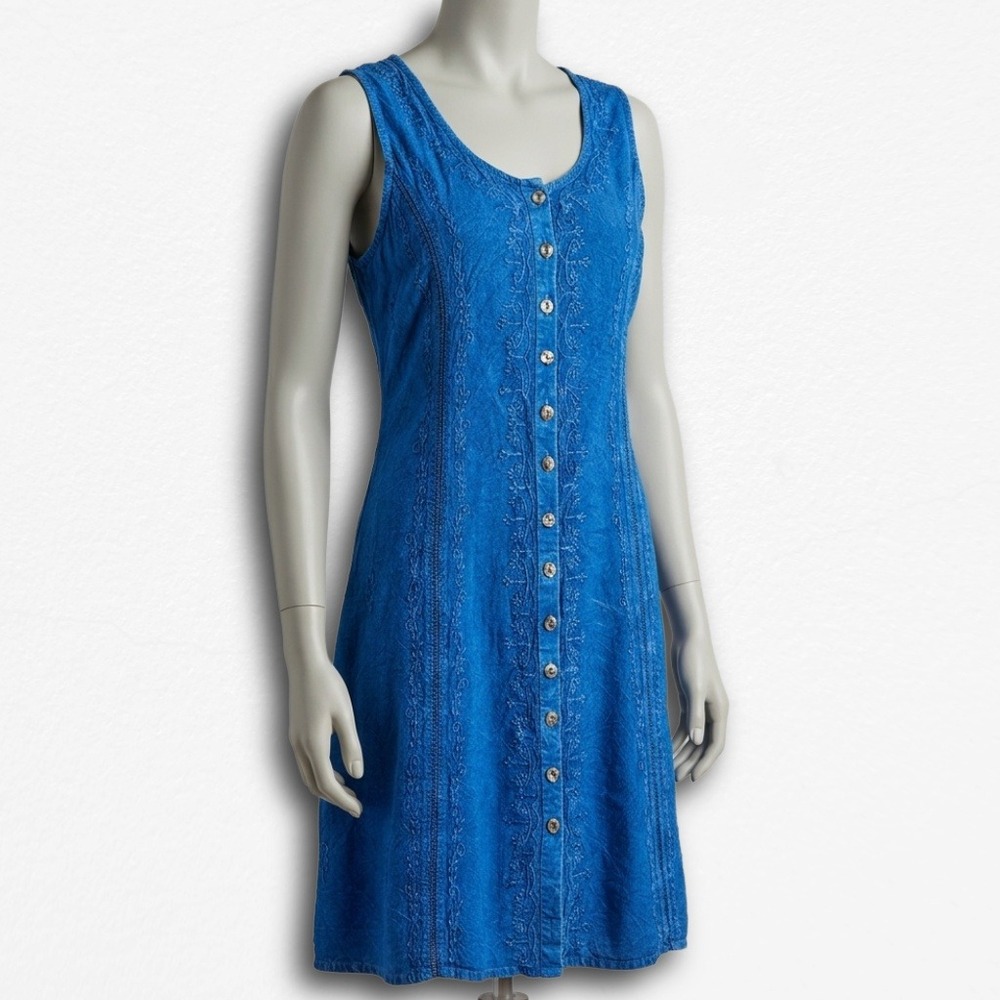 Vintage Raya Sun Blue Embroidered Button Front Midi Dress Sleeveless Large Boho